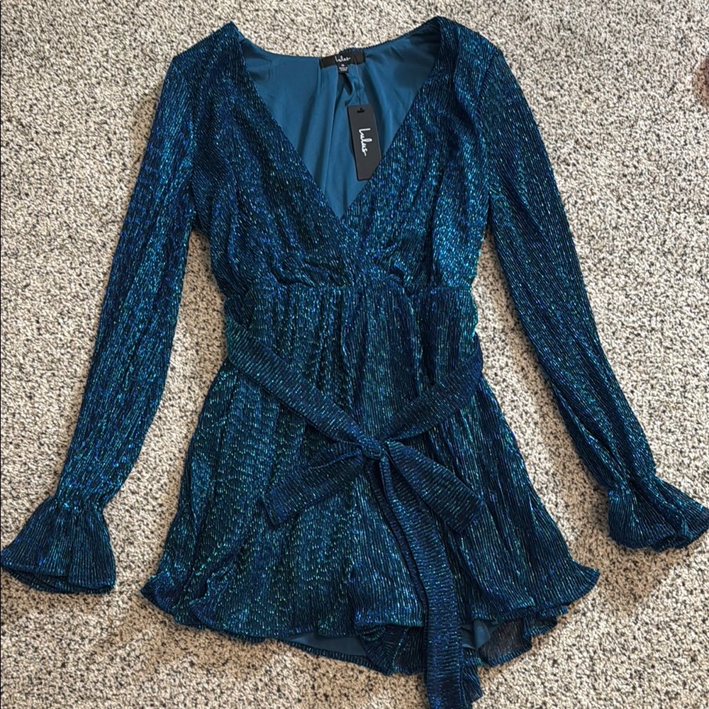 Lulu's Metallic Teal Long Sleeve Romper